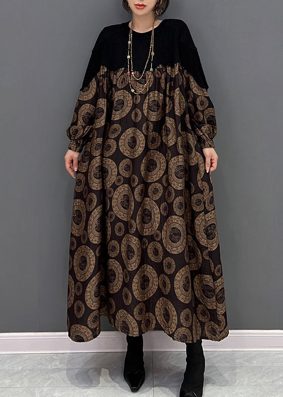Loose Brown O-neck Patchwork Dot Print Maxi Dress Fall