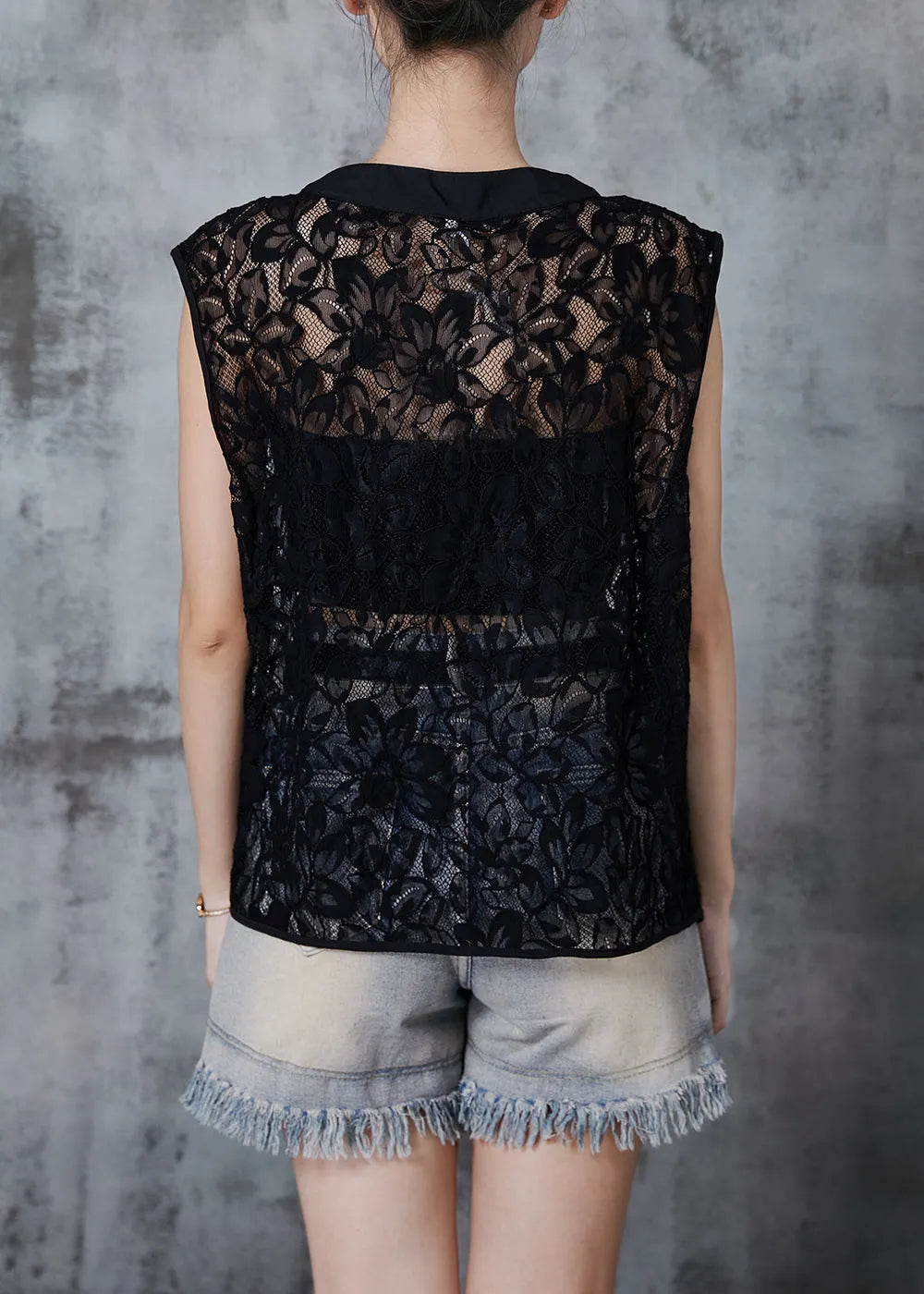 Black Hollow Out Lace Vests Asymmetrical Design Sleeveless