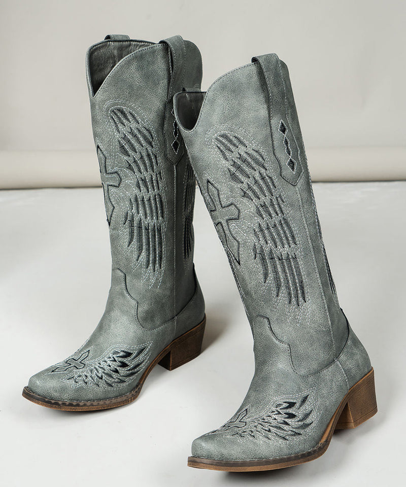 Chocolate Pointed Toe Embossed Chunky Faux Leather Boots