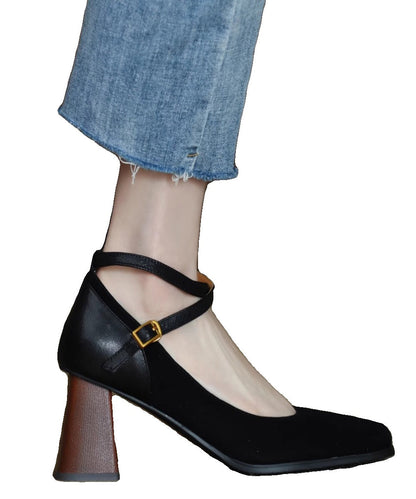 European and American Style Brown Buckle Strap Suede Chunky High Heels