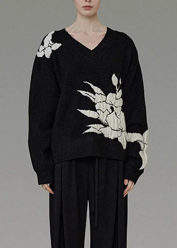 Black V Neck Cozy Cotton Knit Sweater Winter
