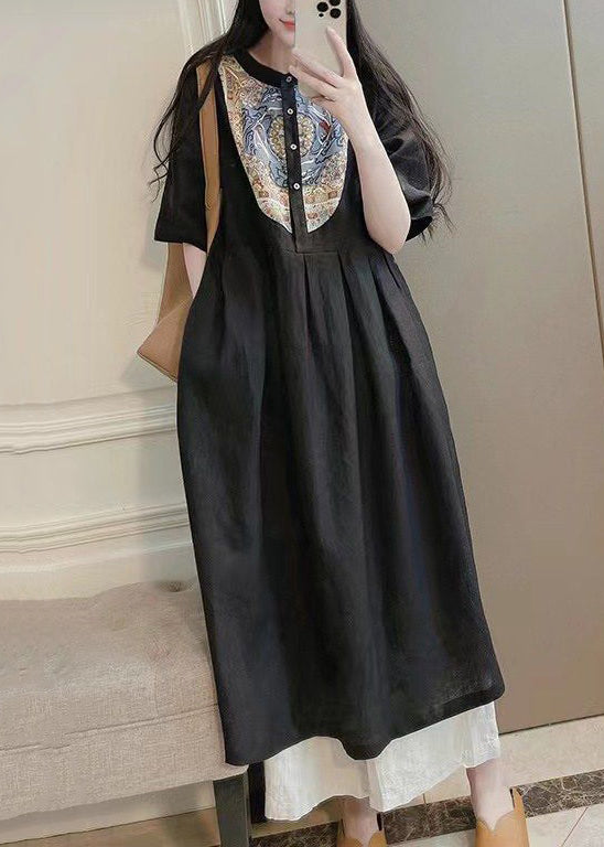 Purple Button Print Pockets Cotton Dresses Summer