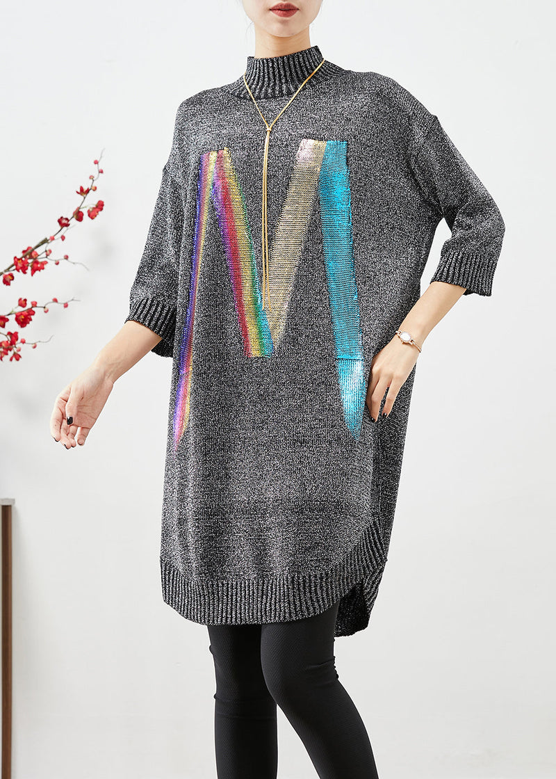 Grey Stand Collar Sequins Knit Sweater Dress Half Sleeve