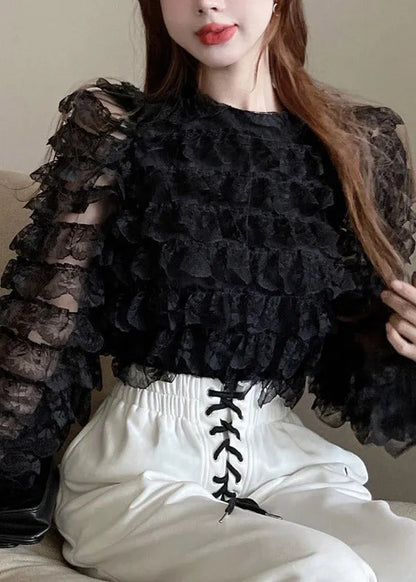 Black O-neck Ruffled Lace Top Long Sleeve