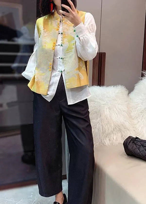 Chinese Style Yellow Stand Collar Embroideried Silk Vest Sleeveless