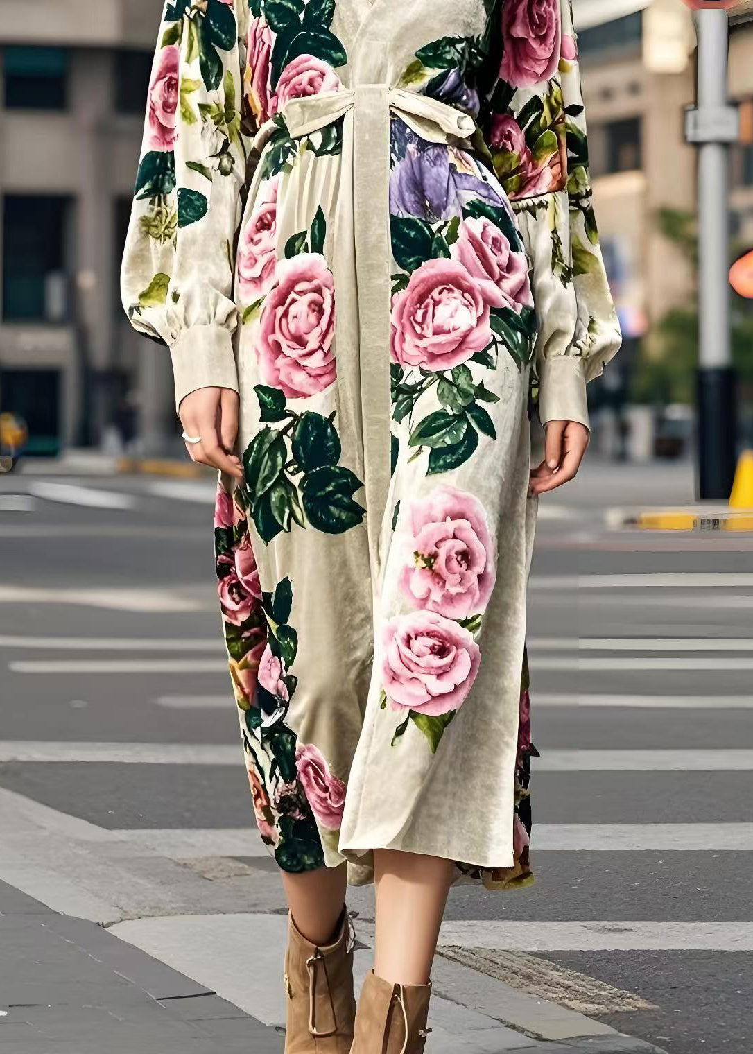 Apricot V Neck Print Silk Velour Dress Spring