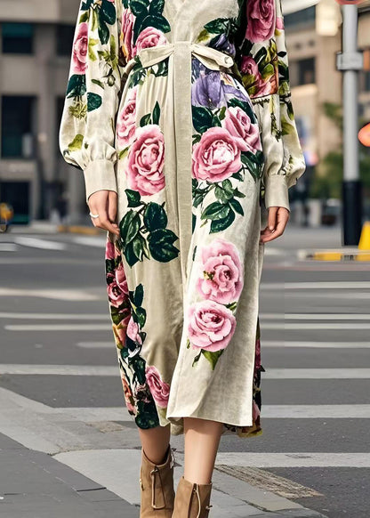 Apricot V Neck Print Silk Velour Dress Spring