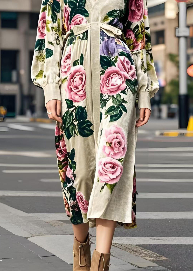 Apricot V Neck Print Silk Velour Dress Spring