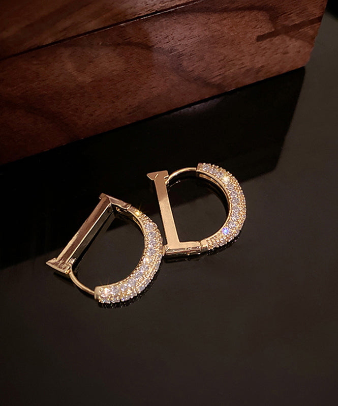 Gold Copper Alloy Zircon D Type Hoop Earrings