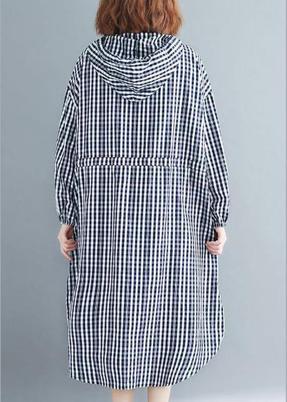 100% Black Plaid Clothes Hooded Drawstring Spring Dresses