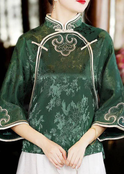 Oriental Green Stand Collar Button Silk Tops Three Quarter Sleeve