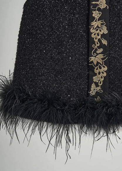 Style Black Embroidered Patchwork Feather Woolen Vests Fall