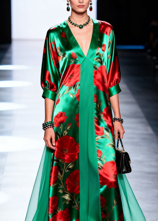 V Neck Print Patchwork Chiffon Maxi Dresses Summer
