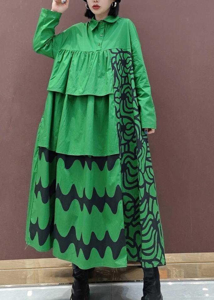 Vivid Lapel Asymmetric Spring Quilting Dresses Tunic Green Print Dress