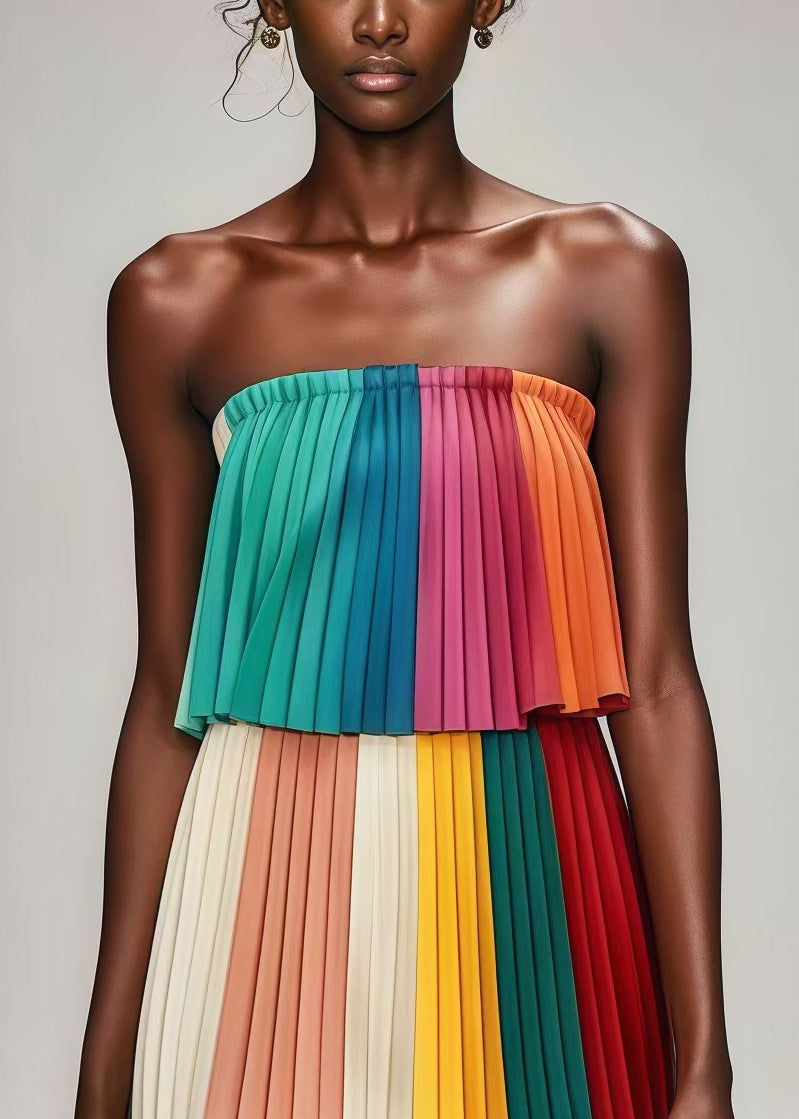 Multicolor Layered Wrinkled Chiffon Strapless Dress Summer