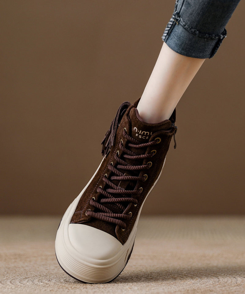 Coffee Tassel Lace Up Splicing Suede Boots