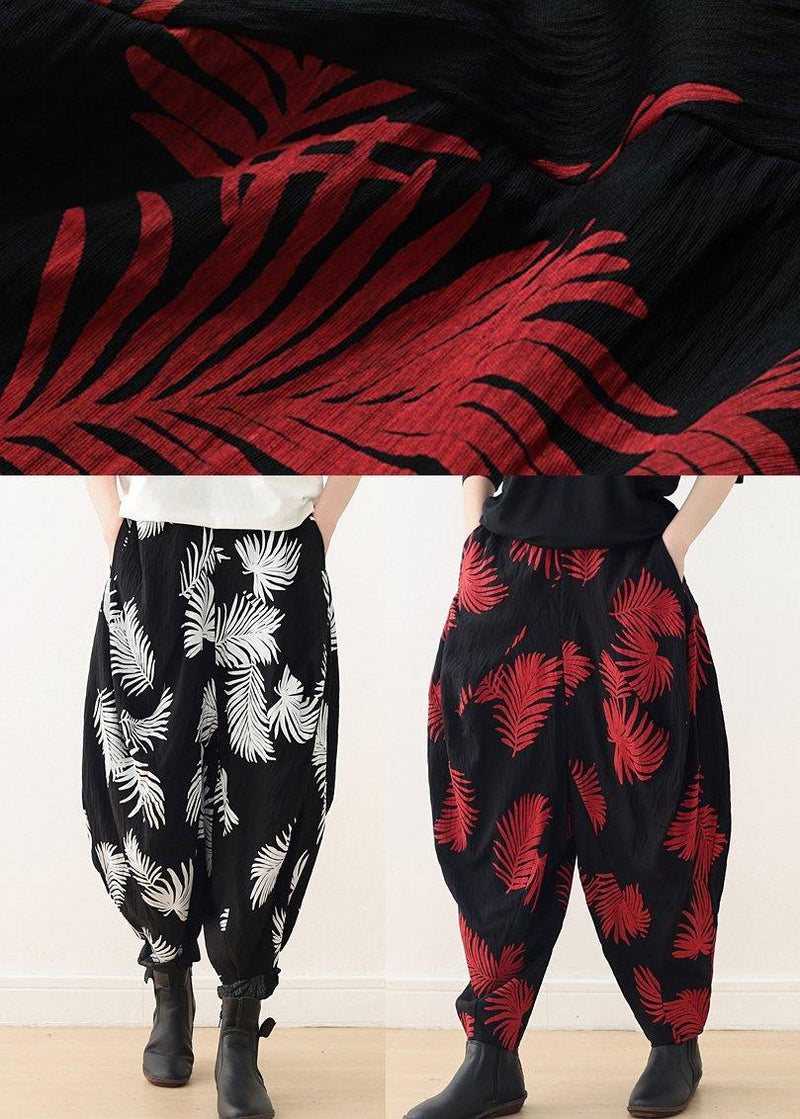 White Print Elastic Waist Cotton Pants