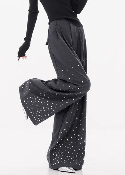 Stylish Dark Gray Zircon High Waist Spandex Wide Leg Pants Fall