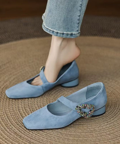Black Zircon Buckle Strap Splicing Suede Chunky Shoes