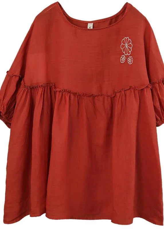 Red Patchwork Ruffled Cotton Summer Blouse Top