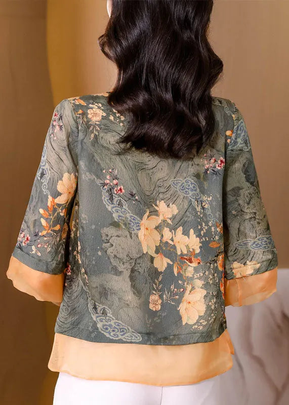 Slim Fit Light Green O-neck Print Button Tulle Patchwork Silk Blouse Tops Short Sleeve