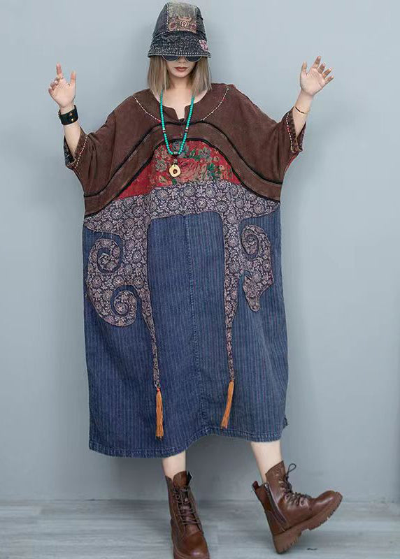 Colorblock O Neck Patch Cotton Dress Spring
