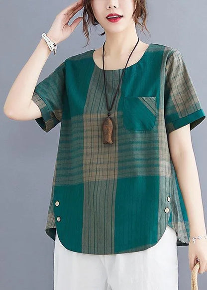 French Grey Plaid Asymmetrical Design Cotton Linen Blouse Top Summer