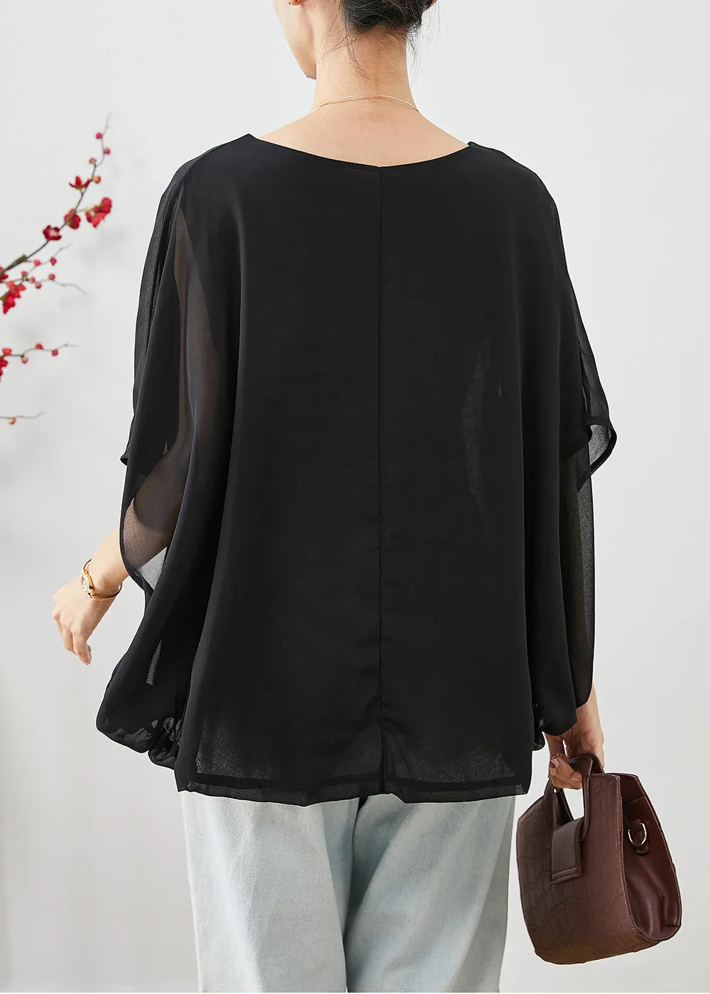 Stylish Black O-neck Oversized Chiffon Tanks Summer