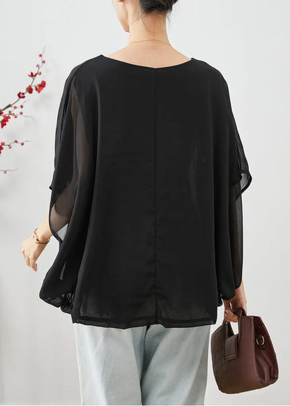 Stylish Black O-neck Oversized Chiffon Tanks Summer