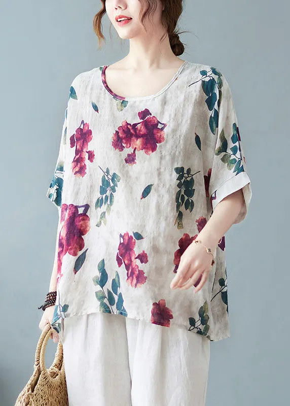 White Print Cotton Tanks O-neck Low High Design Short Sleeve