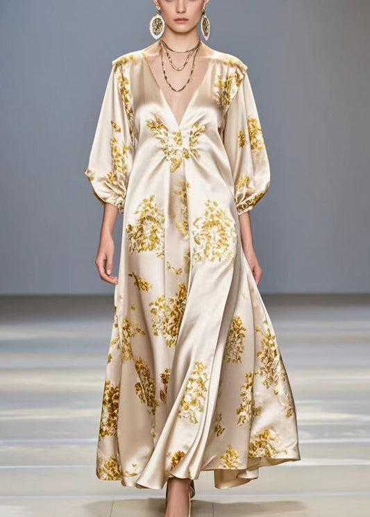 Fitted Champagne Oversized Print Silk Maxi Dress Bracelet Sleeve Spring