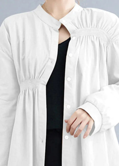 White Stand Collar Button Wrinkled Fall Shirt Top Long Sleeve