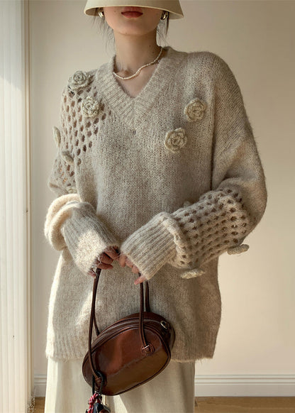 Apricot V Neck Hollow Out Cotton Knit Sweater Winter