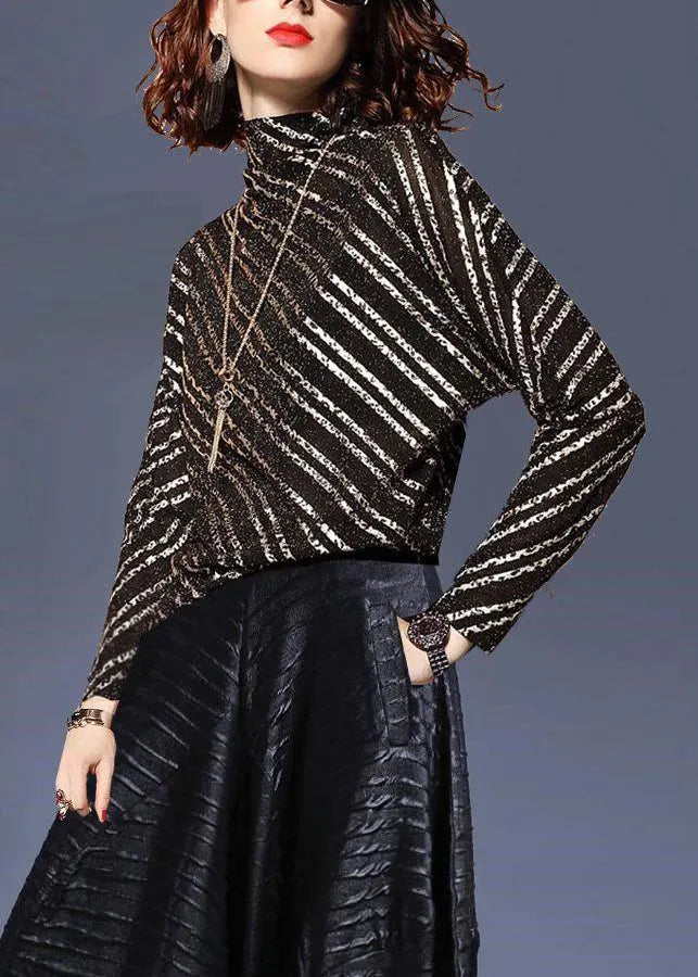 Black Stand Collar Striped Top Batwing Sleeve