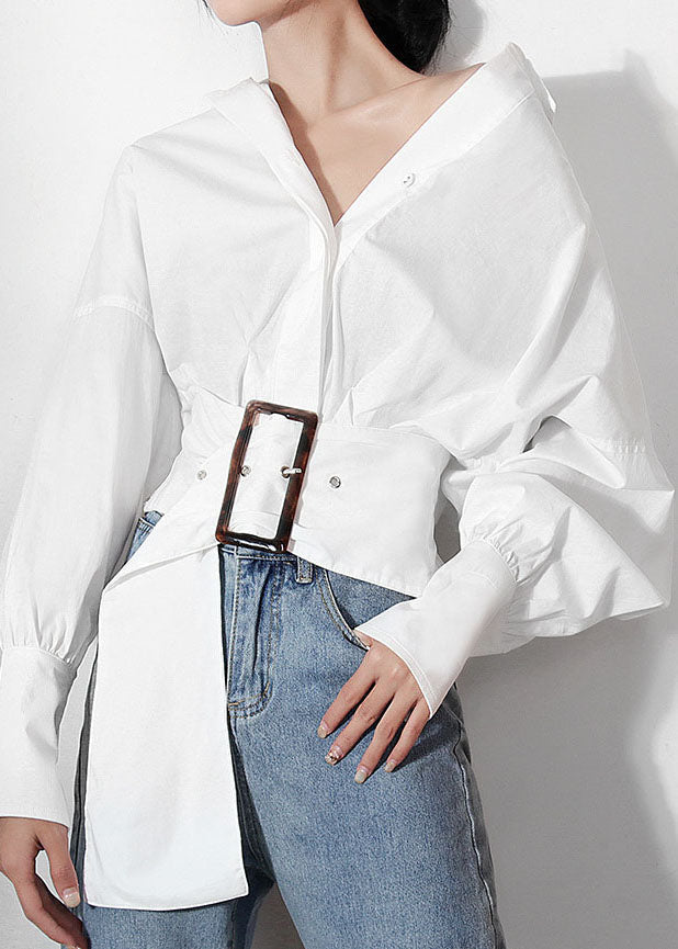 White Lantern Sleeve Sashes Peter Pan Collar Shirts