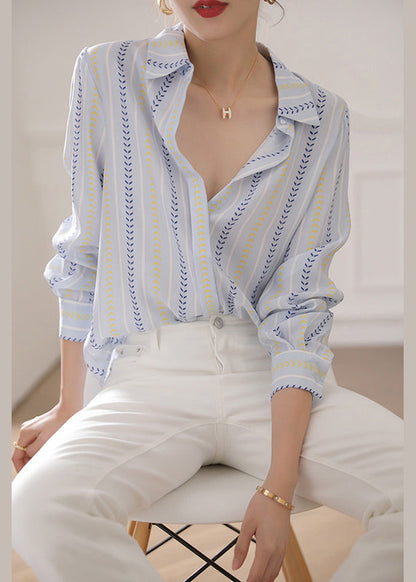 Blue Peter Pan Collar Striped Cotton Blouse Top Spring