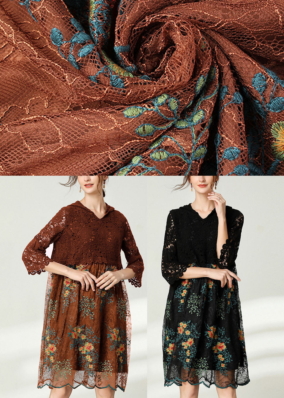 Black Hooded Patchwork Lace Dress Spring