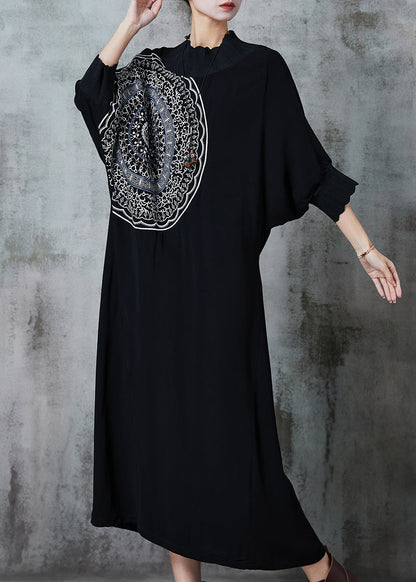 Unique Black Oversized Cotton Maxi Dresses Batwing Sleeve Fall