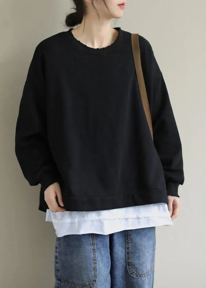 Unique Black Tunic Pattern O Neck False Two Pieces Short Spring Blouses