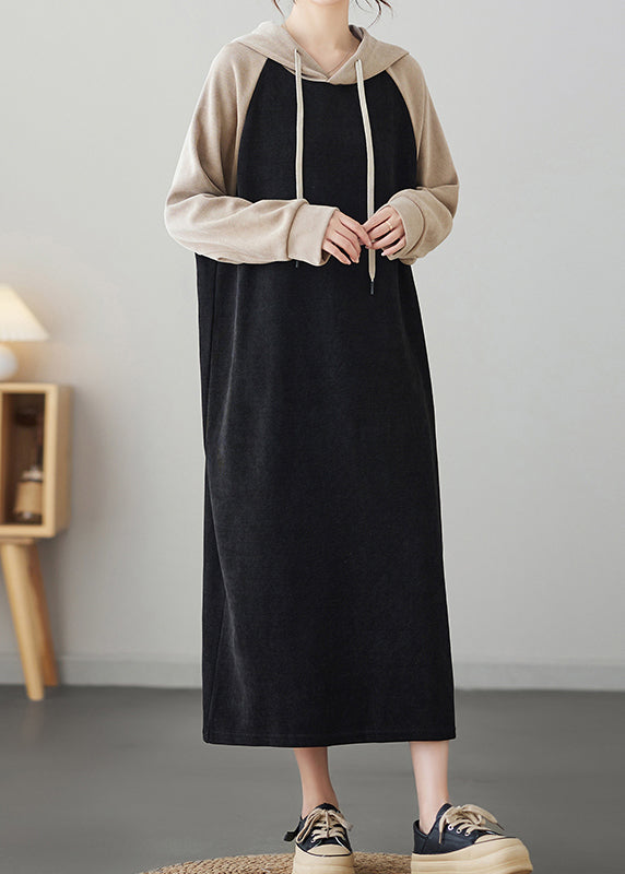 Black Patchwork Cotton Hooded Sweatshirt Dresses Fall