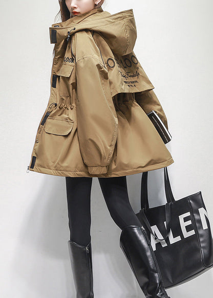 Coffee Hooded Pockets Drawstring Warm Fleece Jacket Winter