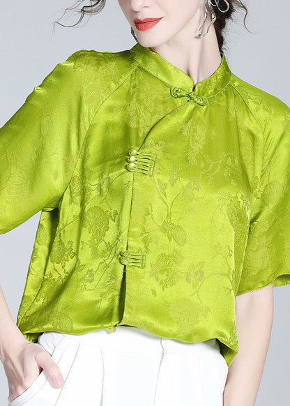Grass Green Stand Collar Button Silk Top Short Sleeve