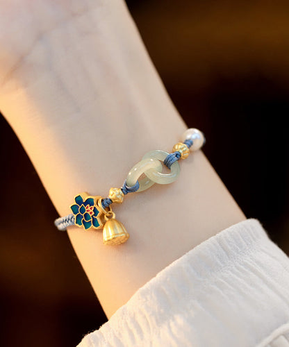 Art Blue Hand Woven Copper Overgild Ping Buckle Pearl Lotus Chain Bracelet