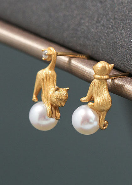 Yellow 14k Gold Cats Pearl Asymmetrical Design Stud Earrings