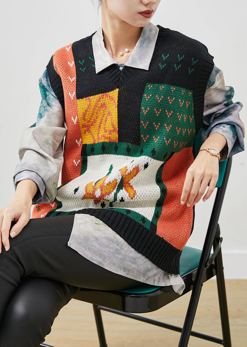 Black V Neck Print Thick Knit Pullover Spring