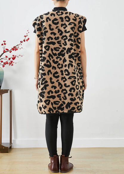 Leopard Print Pockets Faux Fur Teddy Vest Fall