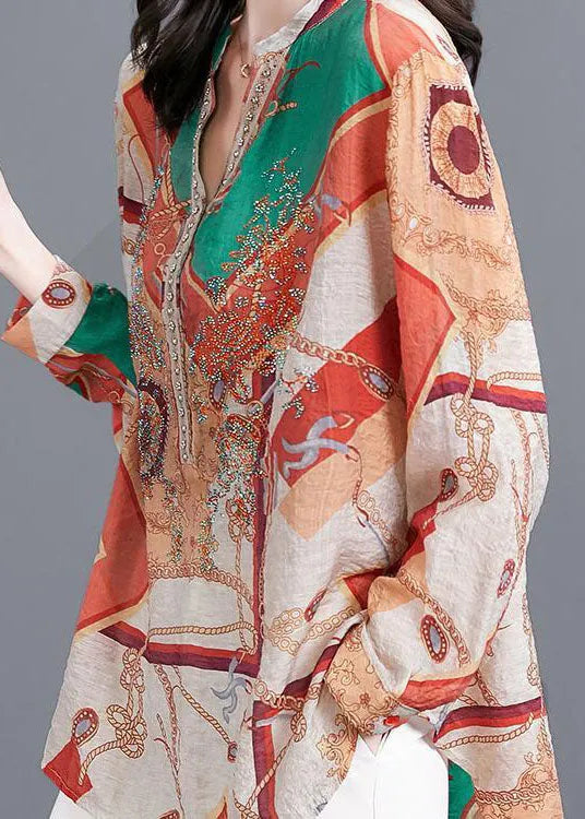 Colorblock V Neck Zircon Print Cotton Shirt Tops Spring