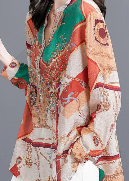 Colorblock V Neck Zircon Print Cotton Shirt Tops Spring