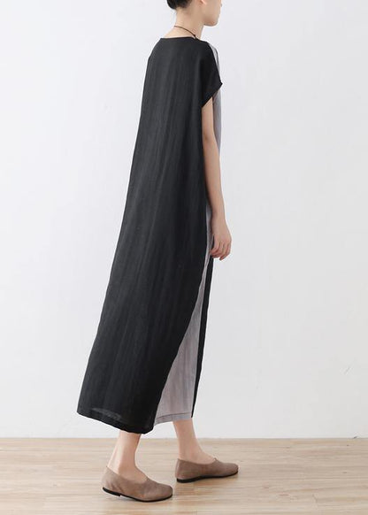 Black Patchwork Bat Wing Sleeve Mid Summer Linen Dress