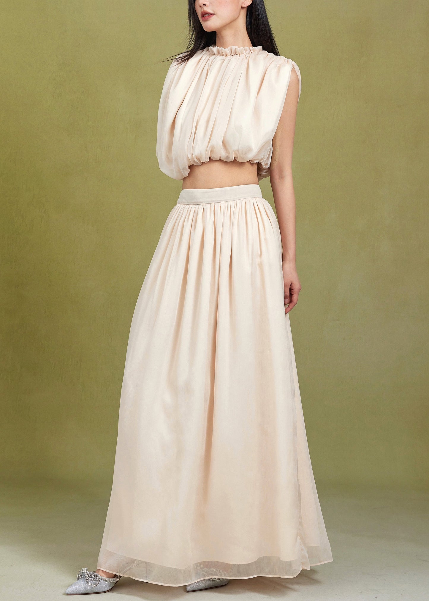 Apricot Ruffled Tops and Skirts Cotton Two Pieces Set Sleeveless